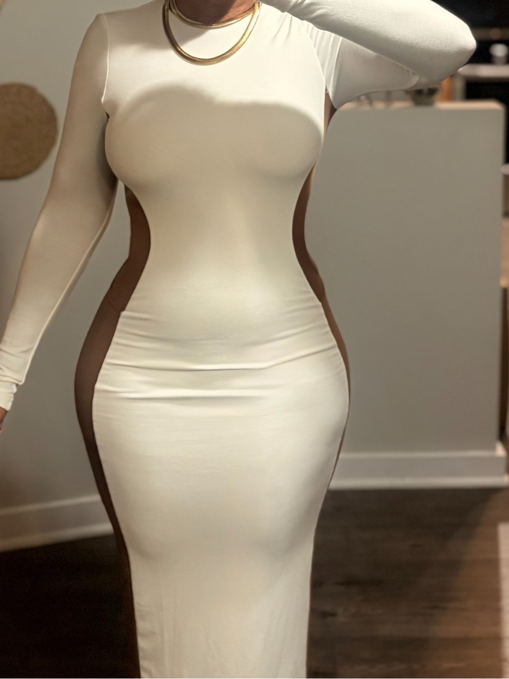 JLUXLABEL Cream Maxi Dress with Brown Side Panels